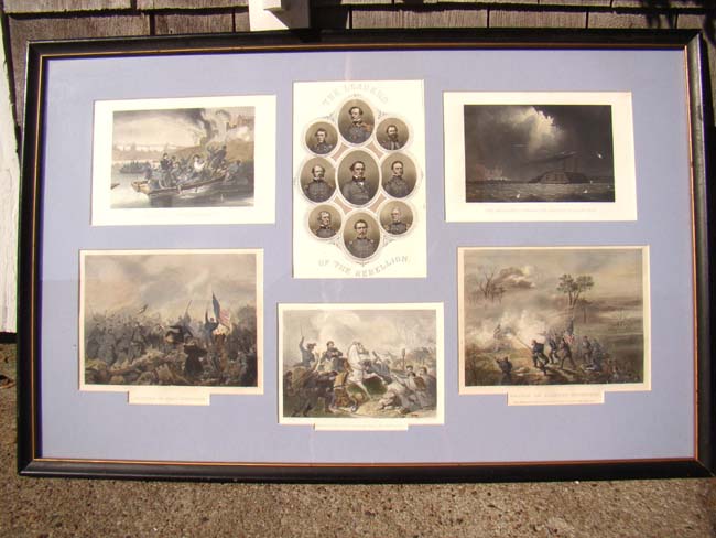 A grouping of Civil War period engravings depicting "The Leaders of the Rebellion" and various Civil War battle scenes.